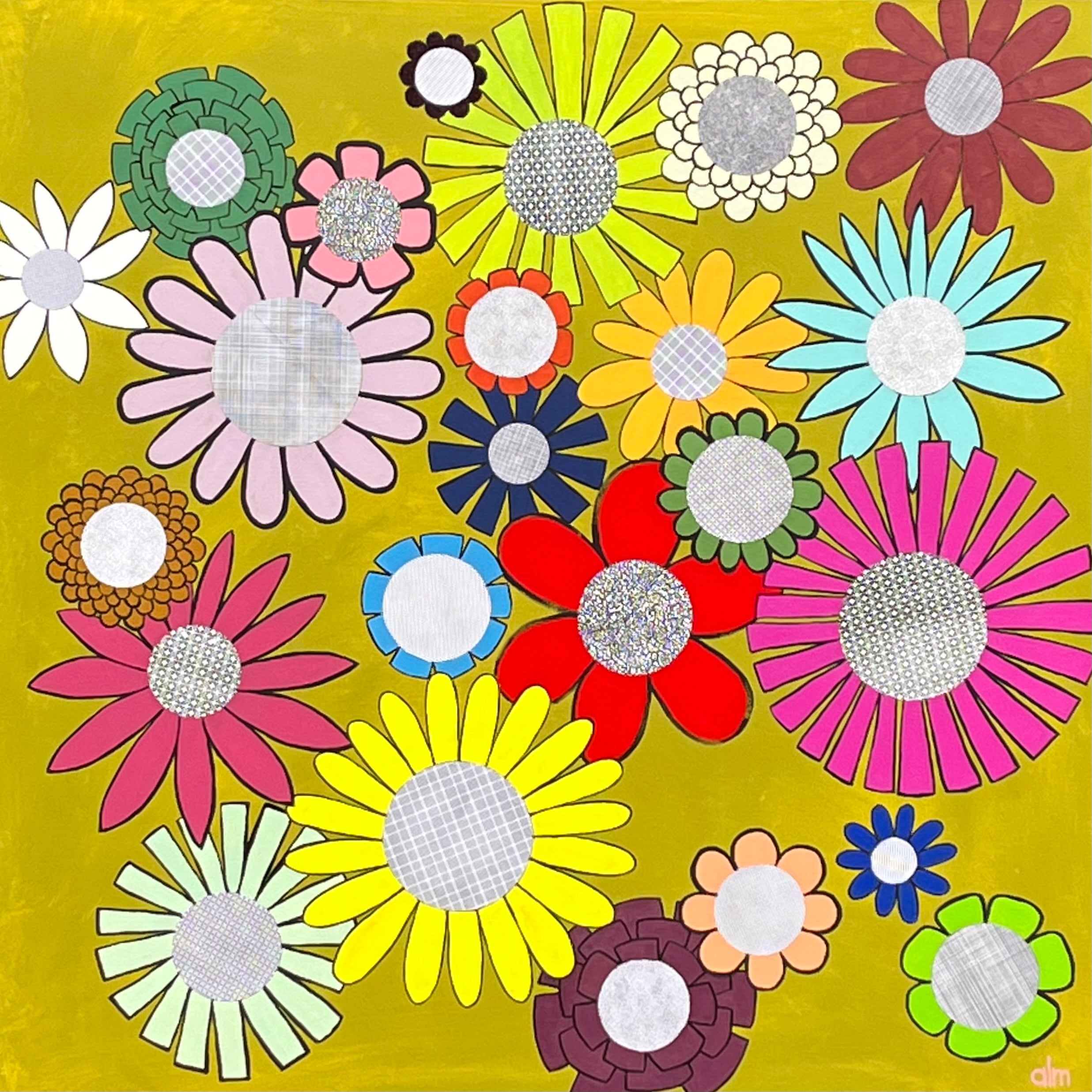 Flower Power acrylic painting on canvas. Brightly colored flowers of all colors outlined in black on a white background.